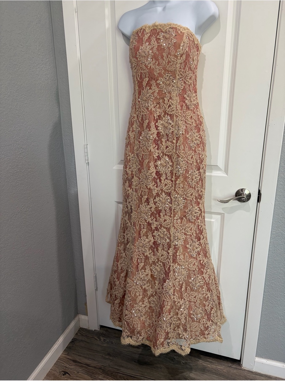 Jovani Strapless Blush and Gold Lace Evening Gown